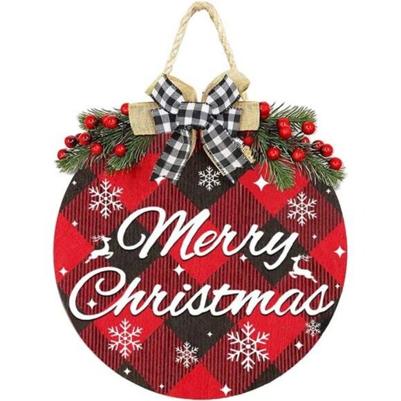 Merry Christmas Decoration Wreath Sign, Buffalo Plaid Welcome Sign - Picture 7 of 7